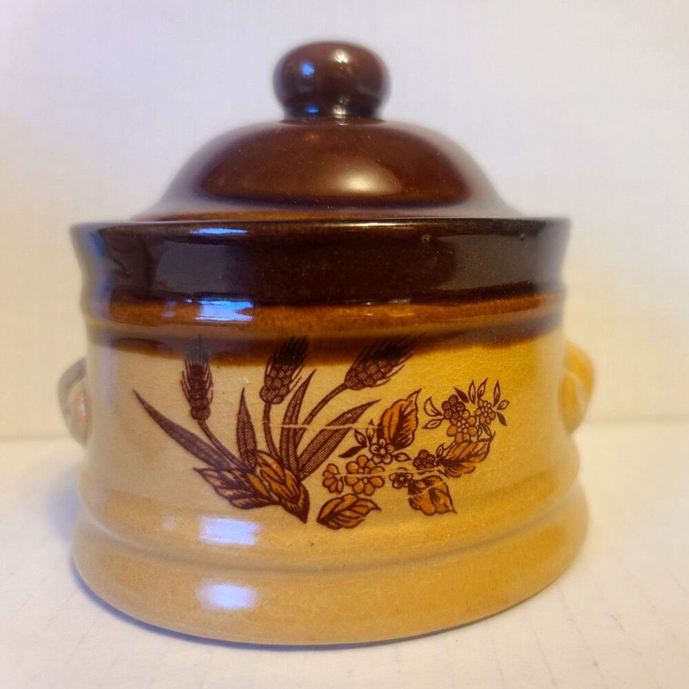 Allegro 1980s Sears Small Lidded Candle, Ceramic, Wheat‎ Design, Cream and Brown